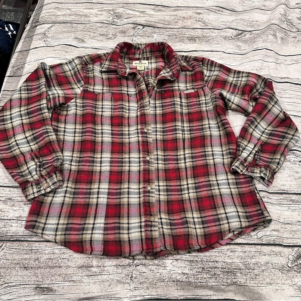 Woolrich Red and Gray Snap Down Shirt Classic Plaid; Wool Blend Size Large